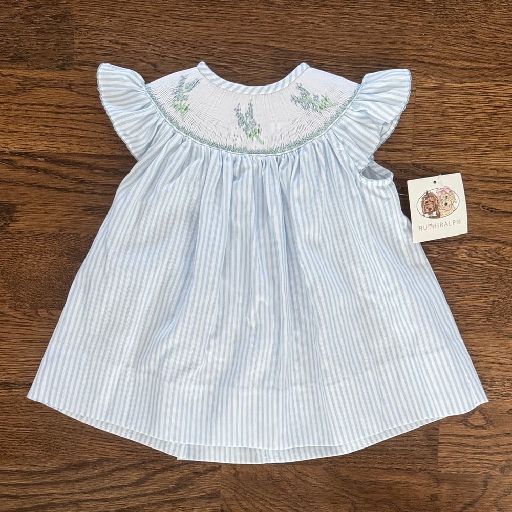 Ruth And Ralph Blue Stripe Floral Smocked Helen Dress
